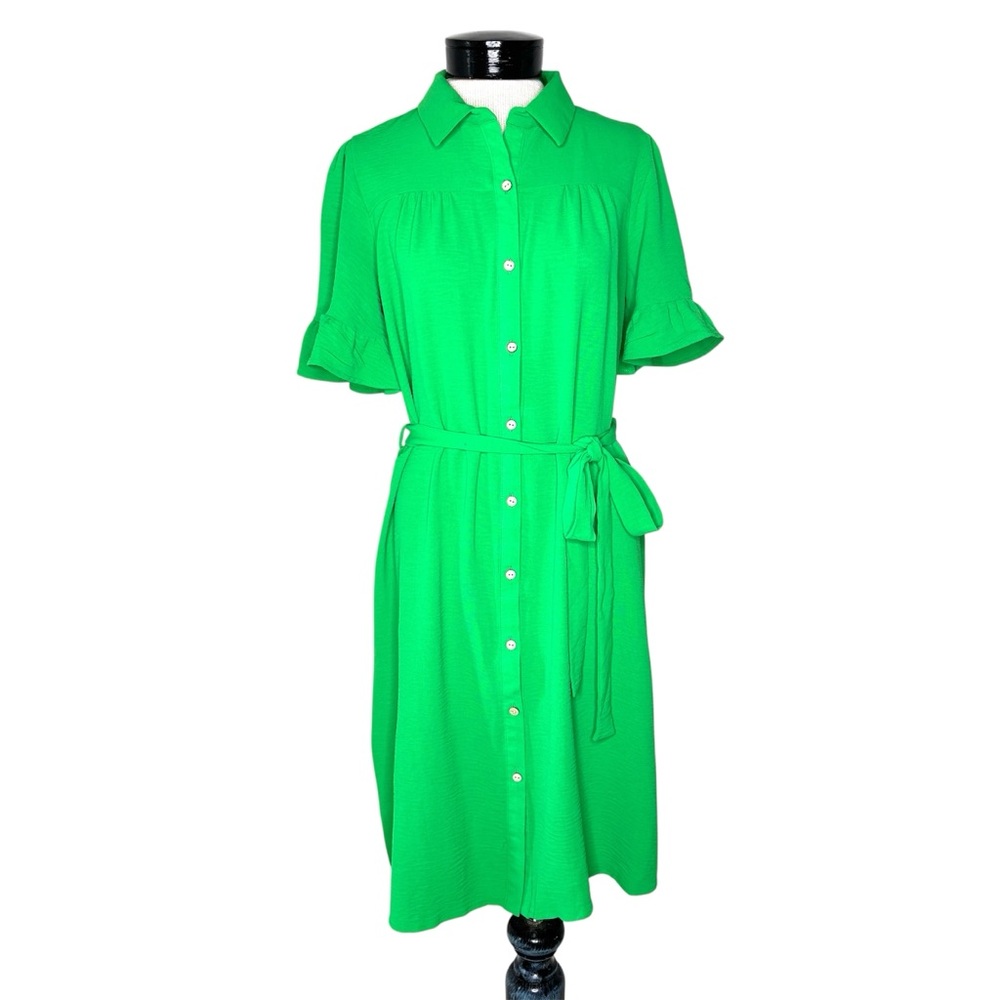 Spring Summer Cruise Midi Shirt Dress Short Ruffle Sleeve Colorful Green Small